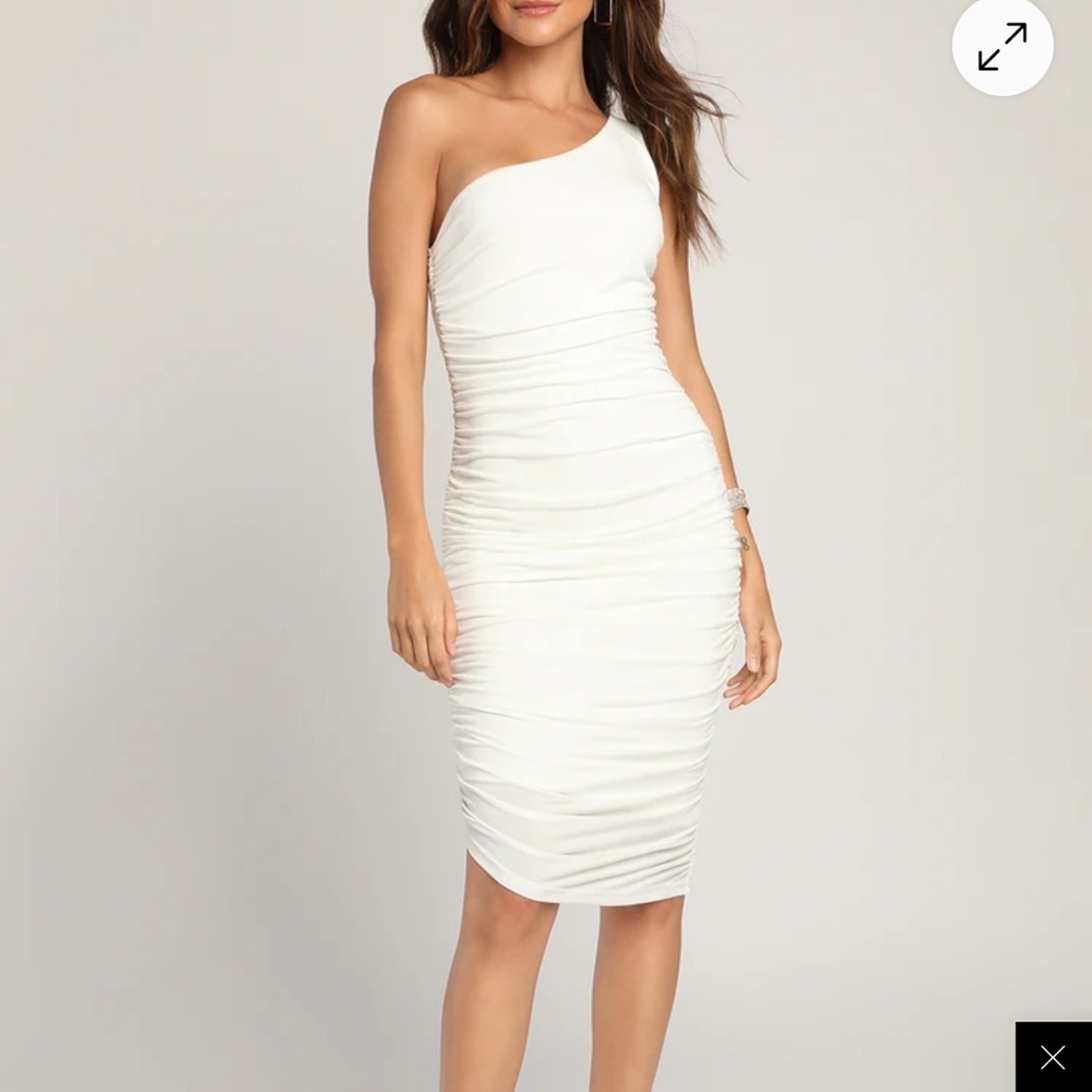 Lulu's White Asymmetrical Ruched Sheath Dress